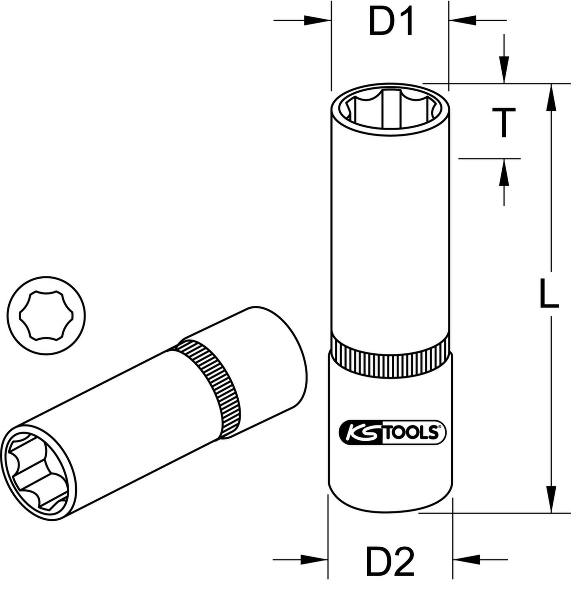 KS Tools 1/4" Sechskant-Stecknuss Technische Zeichnung 1 ZOOM