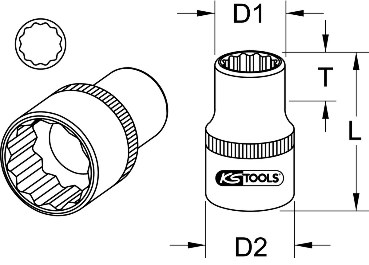 KS Tools 1/2" 12-kant-Stecknuss Technische Zeichnung 1 ZOOM
