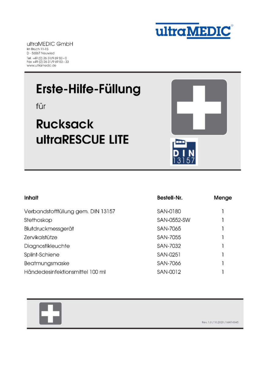 ultraMEDIC Rettungsrucksack ultraRESCUE LITE FA, Füllung nach DIN 13157 Technische Zeichnung 1 ZOOM