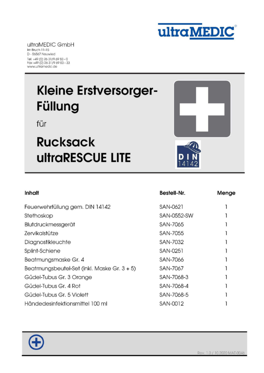 ultraMEDIC Rettungsrucksack ultraRESCUE LITE FR, Füllung nach DIN 14142 Technische Zeichnung 1 ZOOM