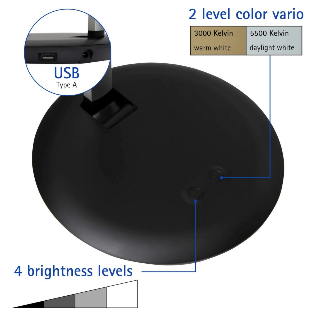 MAUL Dimmbare LED-Schreibtischleuchte MAULrubia colour vario, Licht kalt- bis warmweiß, silber/schwarz Detail 2 ZOOM
