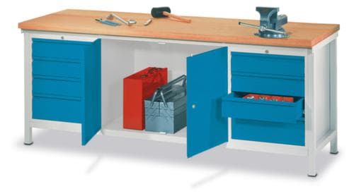 PAVOY Werkbank mit Gestell in lichtgrau und Buche-Multiplexplatte, 8 Schubladen, 1 Schrank, RAL7035 Lichtgrau/RAL7035 Lichtgrau