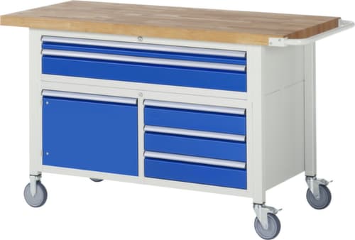 RAU Fahrbare Werkbank Serie 8000, 5 Schubladen, 1 Schrank, 1 Schiebebügel, RAL7035 Lichtgrau/RAL5010 Enzianblau