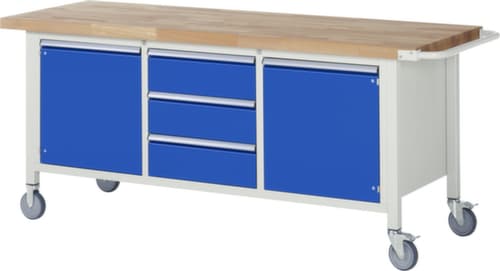 RAU Fahrbare Werkbank Serie 8000, 3 Schubladen, 2 Schränke, 1 Schiebebügel, RAL7035 Lichtgrau/RAL5010 Enzianblau