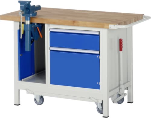 RAU Werkbank Serie 8000, 1 Schublade, 2 Schränke, 1 Schraubstock, RAL7035 Lichtgrau/RAL5010 Enzianblau
