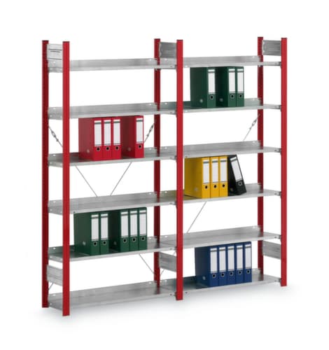 hofe Akten-Steckregal Anbaufeld, 6 Böden, RAL3000 Feuerrot / RAL9006 Weißaluminium