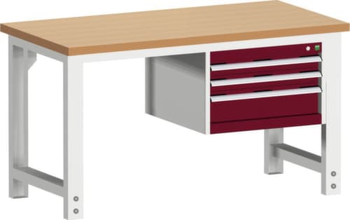 bott Stationäre Systemwerkbank cubio höhenverstellbar, 3 Schubladen, RAL7035 Lichtgrau/RAL3004 Purpurrot
