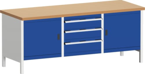 bott Kastenwerkbank cubio, 3 Schubladen, 2 Schränke, RAL7035 Lichtgrau/RAL5010 Enzianblau