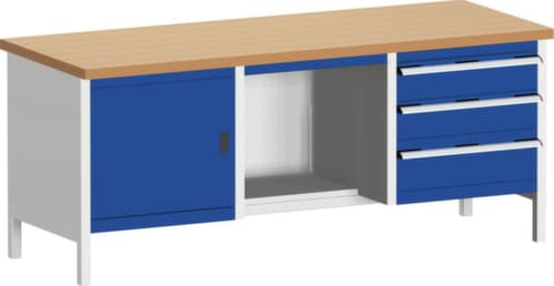 bott Kastenwerkbank cubio, 3 Schubladen, 1 Schrank, 1 Ablageboden, RAL7035 Lichtgrau/RAL5010 Enzianblau