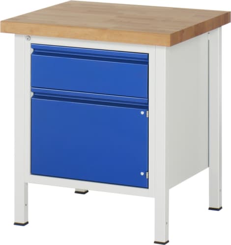 RAU Höhenverstellbare Werkbank Serie 8000 mit Bucheplatte, 1 Schublade, 1 Schrank, RAL7035 Lichtgrau/RAL5010 Enzianblau