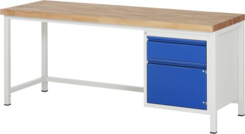 RAU Höhenverstellbare Werkbank Serie 8000 mit Bucheplatte, 1 Schublade, 1 Schrank, RAL7035 Lichtgrau/RAL5010 Enzianblau