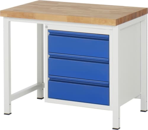 RAU Höhenverstellbare Werkbank Serie 8000 mit Bucheplatte, 3 Schubladen, RAL7035 Lichtgrau/RAL5010 Enzianblau