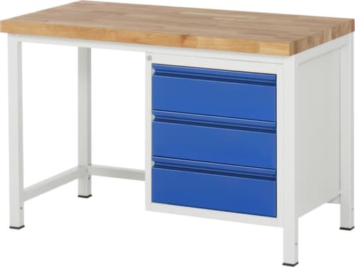 RAU Höhenverstellbare Werkbank Serie 8000 mit Bucheplatte, 3 Schubladen, RAL7035 Lichtgrau/RAL5010 Enzianblau
