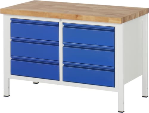 RAU Höhenverstellbare Werkbank Serie 8000 mit Bucheplatte, 6 Schubladen, RAL7035 Lichtgrau/RAL5010 Enzianblau