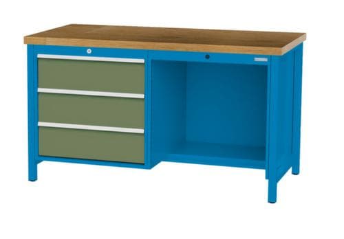Bedrunka + Hirth Werkbank mit Buche-Massivholzplatte Gestell in vielen Farben, 3 Schubladen, 1/2 Ablageboden