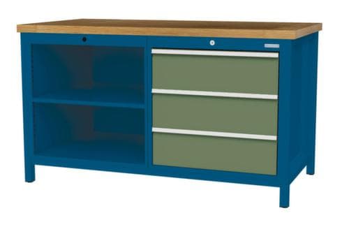Bedrunka + Hirth Werkbank mit Buche-Massivholzplatte Gestell in vielen Farben, 3 Schubladen, 2 Ablageböden
