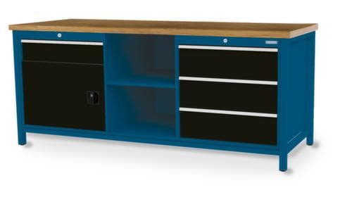 Bedrunka + Hirth Werkbank mit Buche-Massivholzplatte Gestell in vielen Farben, 3 Schubladen, 1 Schrank, 2 Ablageböden