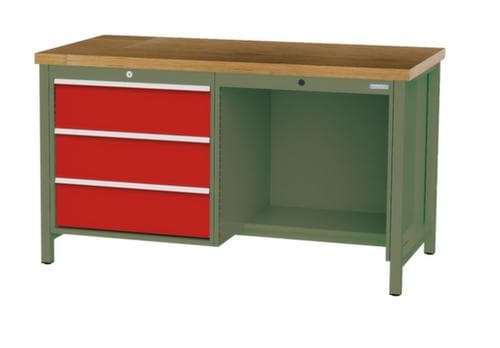 Bedrunka + Hirth Werkbank mit Buche-Massivholzplatte Gestell in vielen Farben, 3 Schubladen, 1/2 Ablageboden
