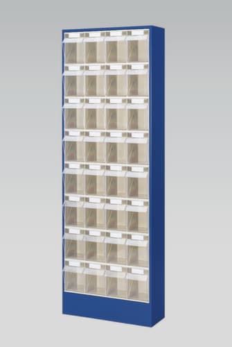 Magazinschrank mit Klappkästen, 32 Kästen, transparent