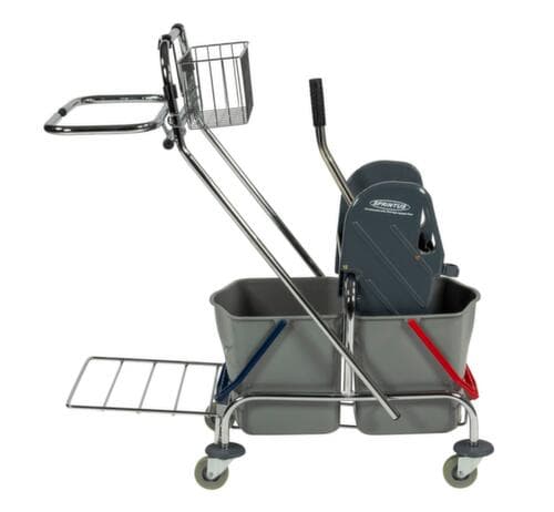 Nasswischwagen mit Mopp-Presse und Müllsackhalter, 2x17 l Eimer in rot/blau