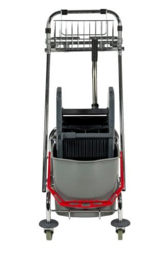 Nasswischwagen mit Mopp-Presse und Müllsackhalter, 2x17 l Eimer in rot/blau