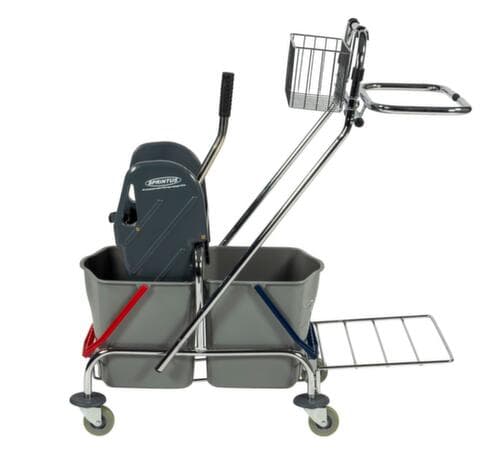 Nasswischwagen mit Mopp-Presse und Müllsackhalter, 2x17 l Eimer in rot/blau