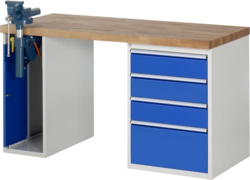 RAU Werkbank Serie 7000 mit Containergestell, 4 Schubladen, 1 Schrank, 1 Schraubstock, RAL7035 Lichtgrau/RAL5010 Enzianblau