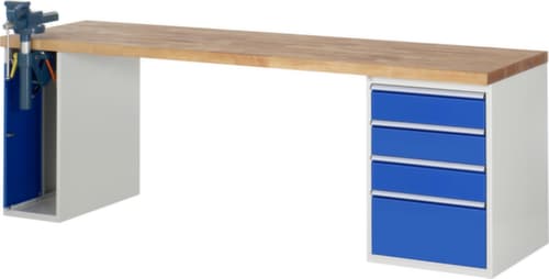 RAU Werkbank Serie 7000 mit Containergestell, 4 Schubladen, 1 Schrank, 1 Schraubstock, RAL7035 Lichtgrau/RAL5010 Enzianblau