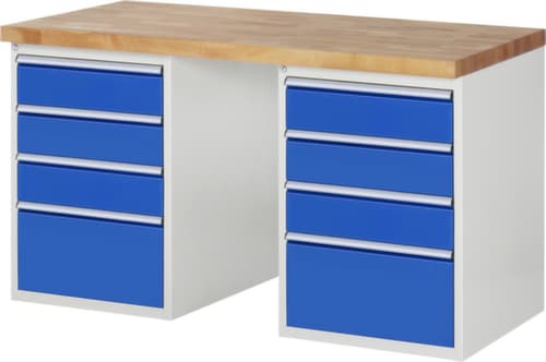 RAU Werkbank Serie 7000 mit Containergestell, 8 Schubladen, RAL7035 Lichtgrau/RAL5010 Enzianblau