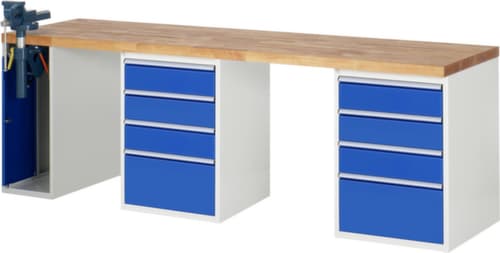 RAU Werkbank Serie 7000 mit Containergestell, 8 Schubladen, 1 Schrank, 1 Schraubstock, RAL7035 Lichtgrau/RAL5010 Enzianblau