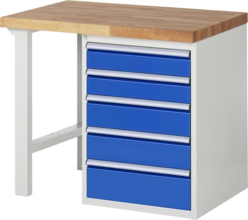RAU Werkbank Serie 7000 mit Containergestell, 5 Schubladen, RAL7035 Lichtgrau/RAL5010 Enzianblau
