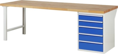 RAU Werkbank Serie 7000 mit Containergestell, 5 Schubladen, RAL7035 Lichtgrau/RAL5010 Enzianblau
