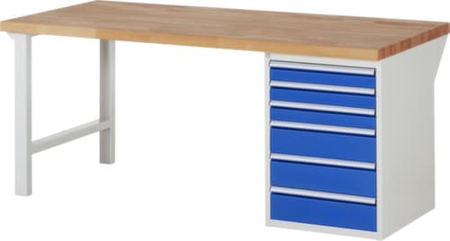 RAU Werkbank Serie 7000 mit Containergestell, 6 Schubladen, RAL7035 Lichtgrau/RAL5010 Enzianblau