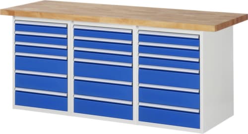 RAU Werkbank Serie 7000 mit Containergestell, 18 Schubladen, RAL7035 Lichtgrau/RAL5010 Enzianblau