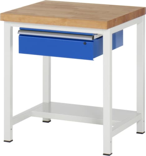 RAU Höhenverstellbare Werkbank Serie 8000, 1 Schublade, 1/2 Ablageboden, RAL7035 Lichtgrau/RAL5010 Enzianblau