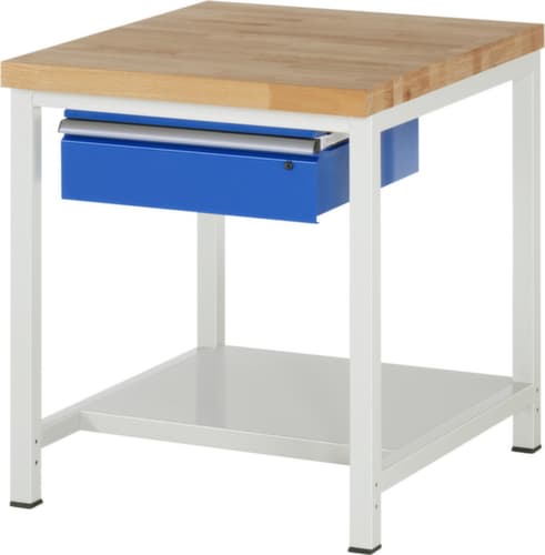 RAU Höhenverstellbare Werkbank Serie 8000, 1 Schublade, 1 Ablageboden, RAL7035 Lichtgrau/RAL5010 Enzianblau
