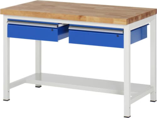 RAU Höhenverstellbare Werkbank Serie 8000, 2 Schubladen, 1/2 Ablageboden, RAL7035 Lichtgrau/RAL5010 Enzianblau