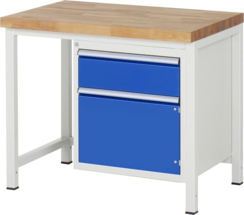 RAU Höhenverstellbare Werkbank Serie 8000, 1 Schublade, 1 Schrank, RAL7035 Lichtgrau/RAL5010 Enzianblau