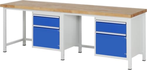 RAU Höhenverstellbare Werkbank Serie 8000, 2 Schubladen, 2 Schränke, RAL7035 Lichtgrau/RAL5010 Enzianblau