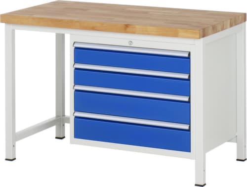 RAU Höhenverstellbare Werkbank Serie 8000, 4 Schubladen, RAL7035 Lichtgrau/RAL5010 Enzianblau