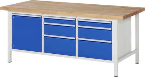 RAU Höhenverstellbare Werkbank Serie 8000, 6 Schubladen, 1 Schrank, RAL7035 Lichtgrau/RAL5010 Enzianblau