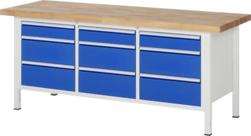 RAU Höhenverstellbare Werkbank Serie 8000, 9 Schubladen, RAL7035 Lichtgrau/RAL5010 Enzianblau