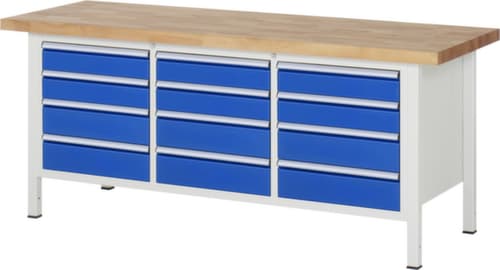 RAU Höhenverstellbare Werkbank Serie 8000, 12 Schubladen, RAL7035 Lichtgrau/RAL5010 Enzianblau