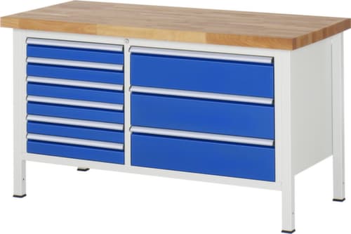 RAU Höhenverstellbare Werkbank Serie 8000, 9 Schubladen, RAL7035 Lichtgrau/RAL5010 Enzianblau