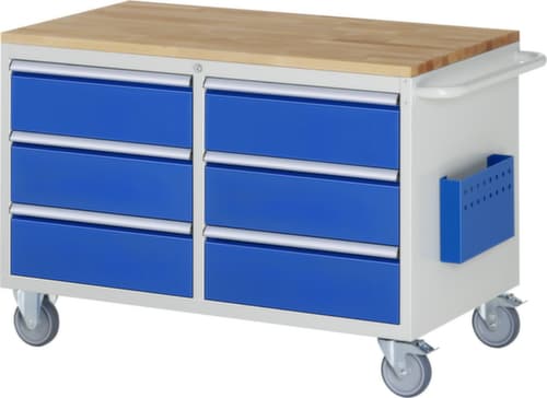 RAU Fahrbare Werkbank Serie 7000, 6 Schubladen, 1 Dokumententasche, 1 Schiebebügel, RAL7035 Lichtgrau/RAL5010 Enzianblau