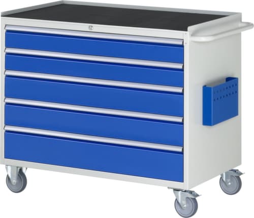 RAU Fahrbare Werkbank Serie 7000, 5 Schubladen, 1 Dokumententasche, 1 Schiebebügel, RAL7035 Lichtgrau/RAL5010 Enzianblau