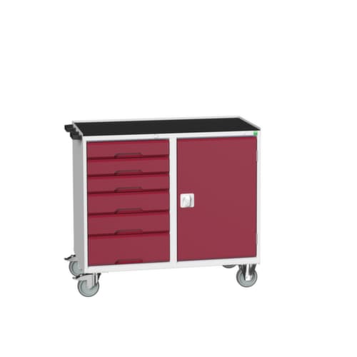 bott Fahrbarer Montagetisch verso, 6 Schubladen, 1 Schrank, RAL7035 Lichtgrau/RAL3004 Purpurrot