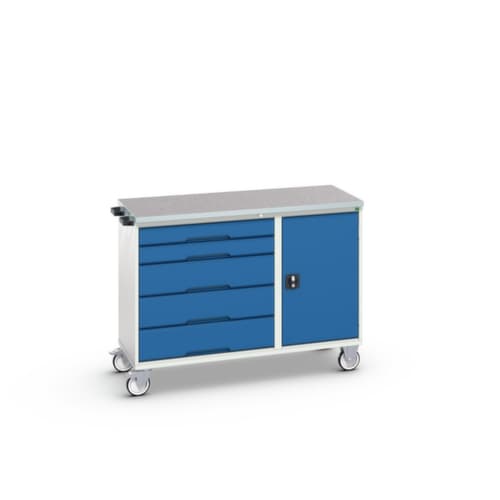 bott Fahrbarer Montagetisch verso, 5 Schubladen, 1 Schrank, RAL7035 Lichtgrau/RAL5010 Enzianblau