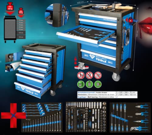 Brilliant Tools BLAU/SILBER Werkstattwagen mit 7 Schubladen und 207 Premium-Werkzeugen
