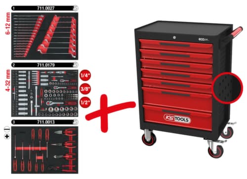 KS Tools ECOline SCHWARZ/ROT Werkstattwagen mit 7 Schubladen und 215 Premium-Werkzeugen